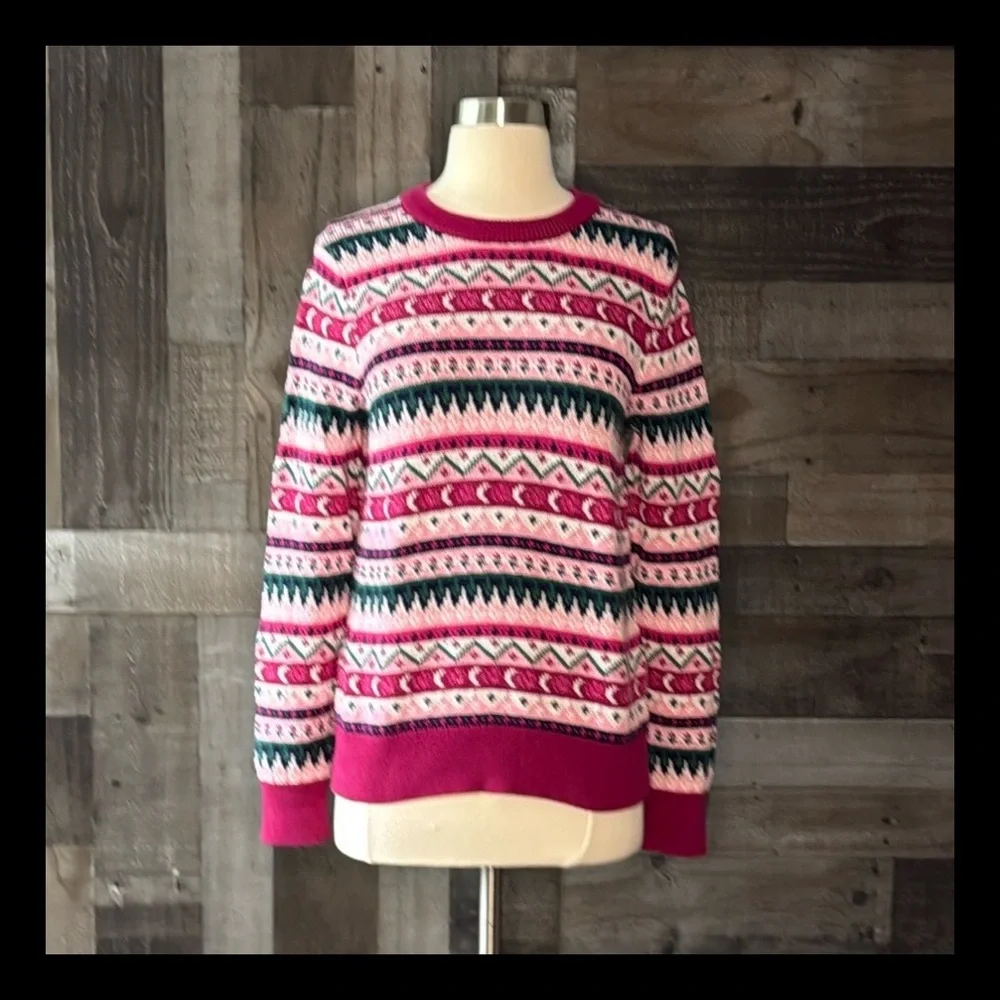 J.Crew pink green knit sweater small romantic feminine preppy holiday party